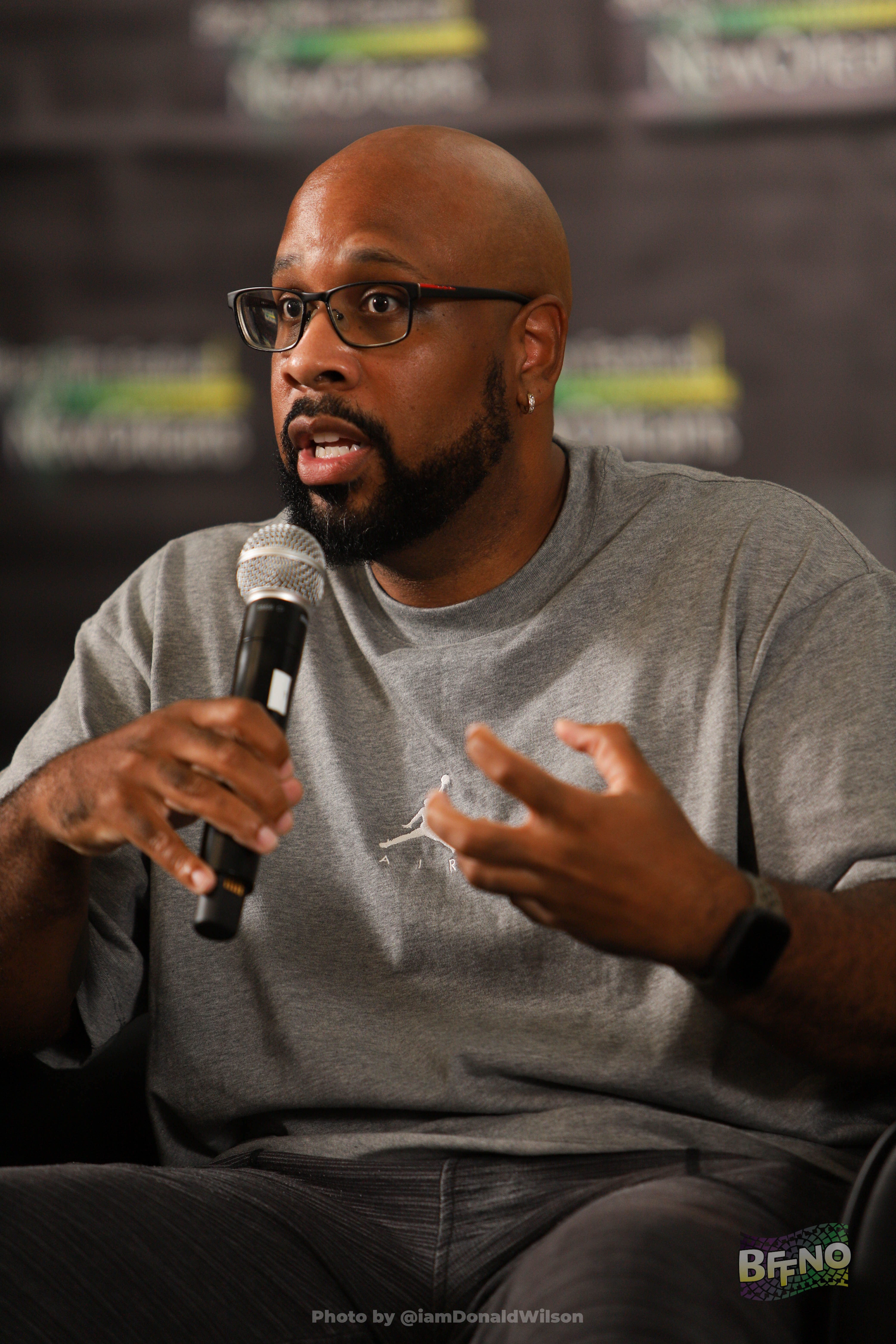 Brandon Wilkerson speaking on a filmmaker panel at BFFNO film festival